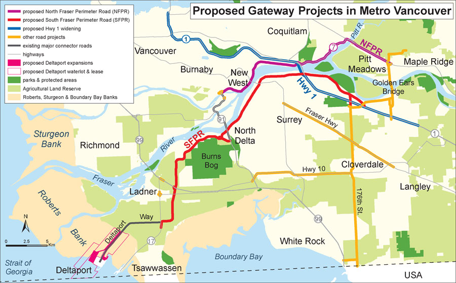 Map of proposed Gateway freeway projects in the Lower Mainland - the NFPR is shown in purple.