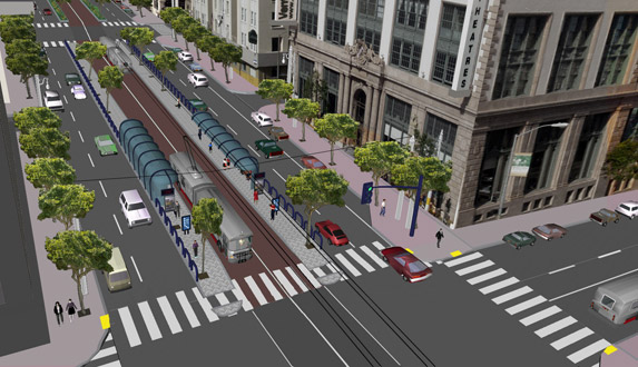 Proposed trolley Bus Rapid Transit station in San Francisco. Illustration www.sfcta.org