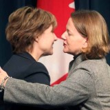 BC Premier Christy Clark - pictured here with Alberta Premier Alison Redford - has softened her support for Enbridge this past week