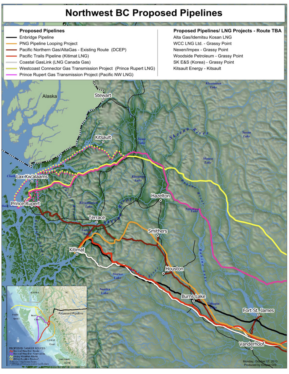 Map shows multiple proposed oil, gas pipelines in BC’s carbon corridor ...