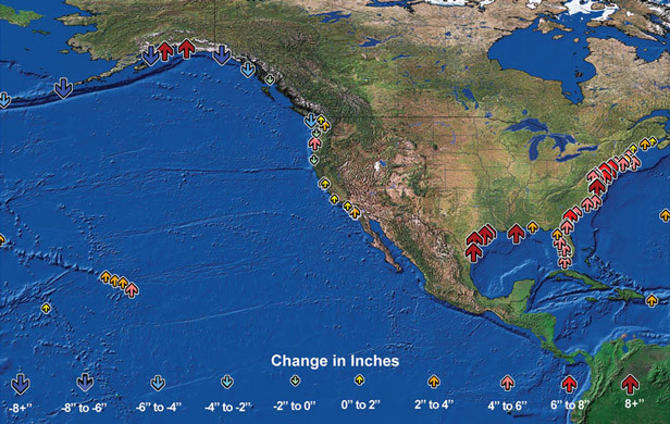 Observed changes in sea level relative to land elevation in the United States between 1958 and 2008 (Photo:  USGCRP 2009).  