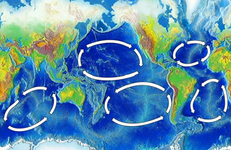 Five oceanic gyres concentrate much of the world's growing maritime debris