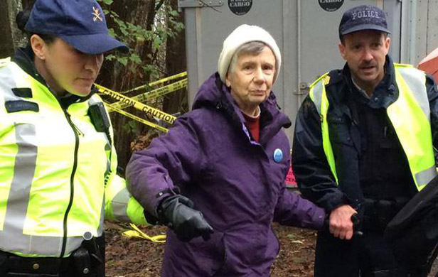 84 year-old retried librarian Barbara Grant getting arrested at Burnaby Mountain (Burnaby Mountain Updates/facebook)