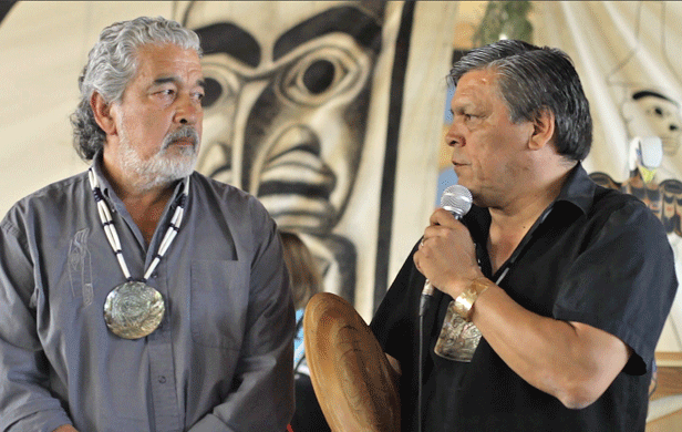 Former Council of the Haida Nation President Guujaaw (left) and Heiltsuk resource management director Kelly Brown at last week's Peace Treaty celebration (Damien Gillis)