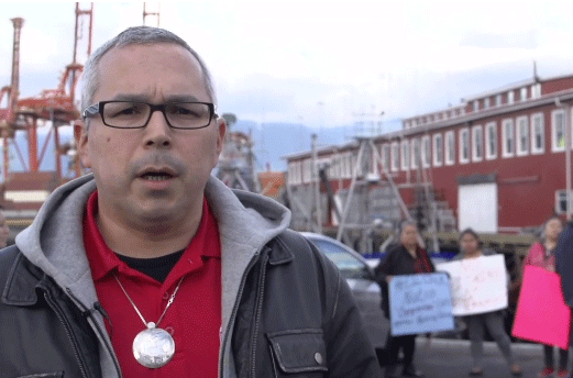 Council of the Haida Nation President Peter Lantin stood in solidarity with Heitlsuk protestors outside of Canfisco - a key processing plant for commercially caught herring - in March (Dan Pierce)
