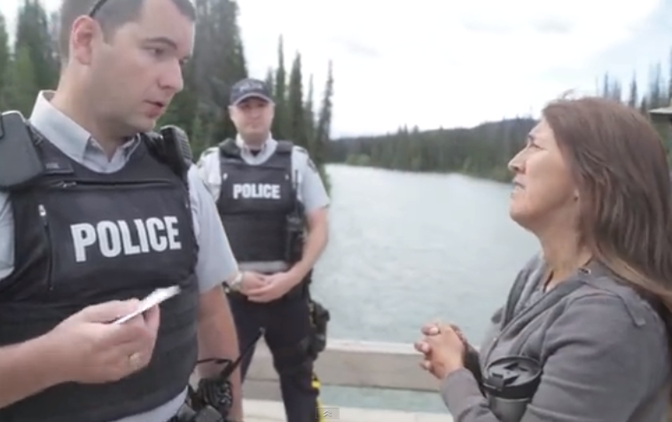 Unist'ot'en Camp leader Freda Huson denying access to RCMP on July 15 (Youtube video screen capture/Stimulator)