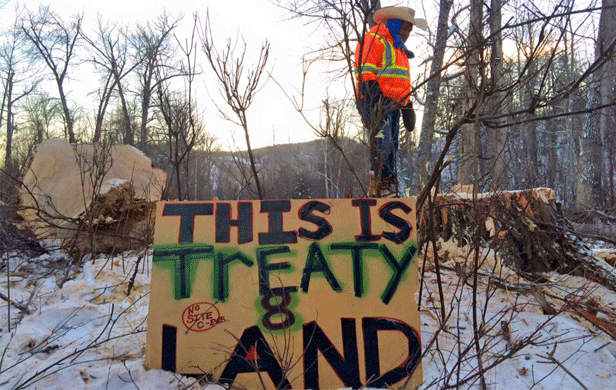 Treaty 8 Steward of the Land Helen Knott at Rocky Mountain Fort camp (facebook)