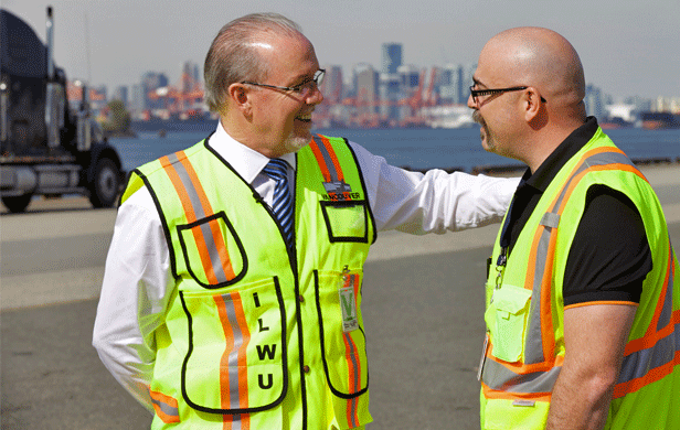 John Horgan meets Rob Ashton of the International Longshore and Warehouse Union at Lynnterm docks in North Vancouver (BCNDP/flickr cc licence)